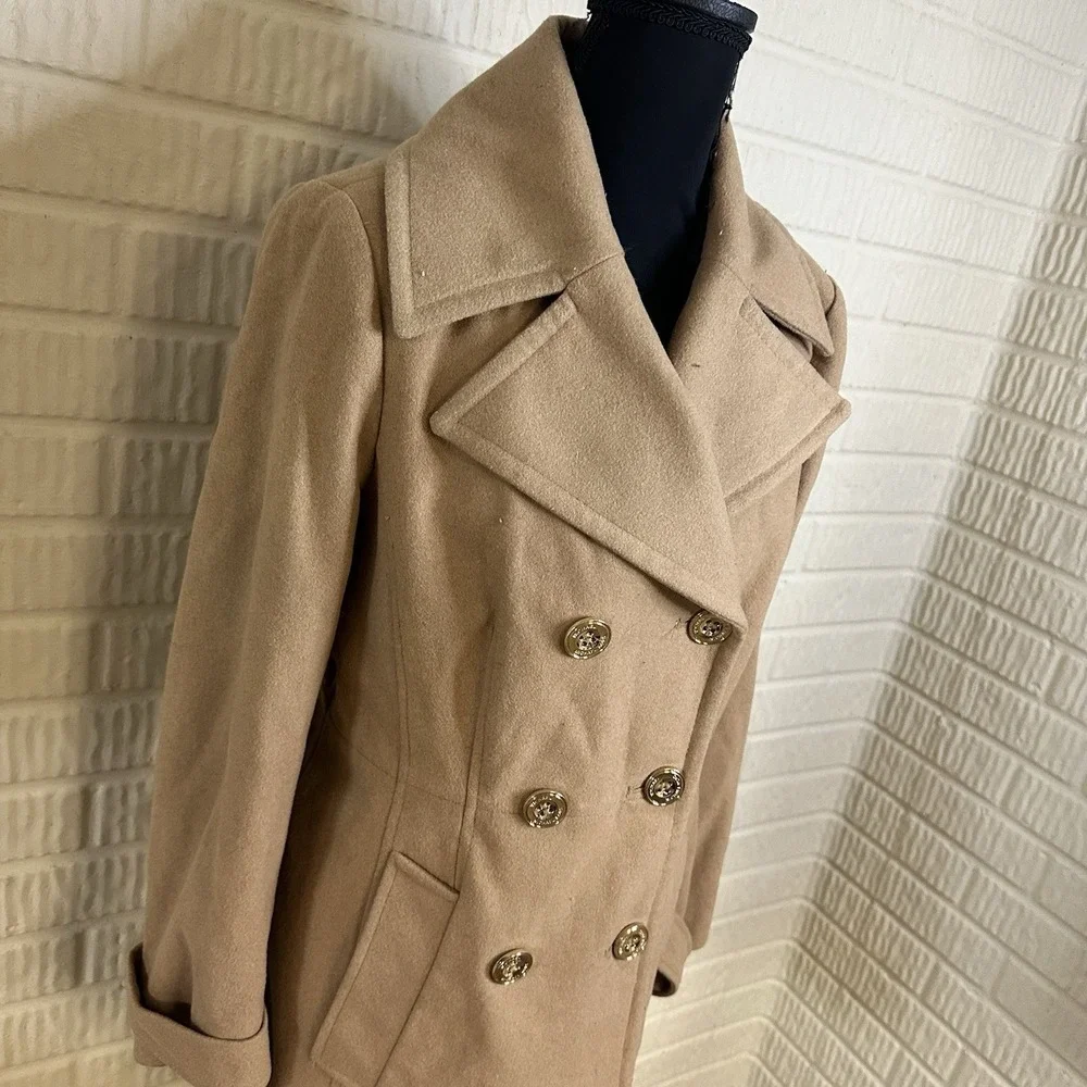 Michael Kors Wool Blend Pea Coat Tan Gold Buttons Pockets Women's Size S‎